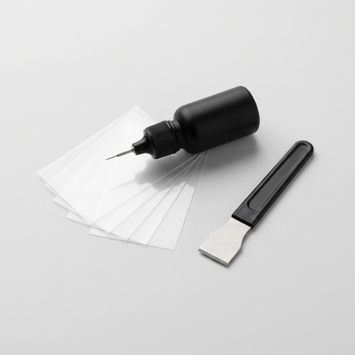 RIZZO GlassFix windshield repair kit: resin applicator, curing films and razor blade