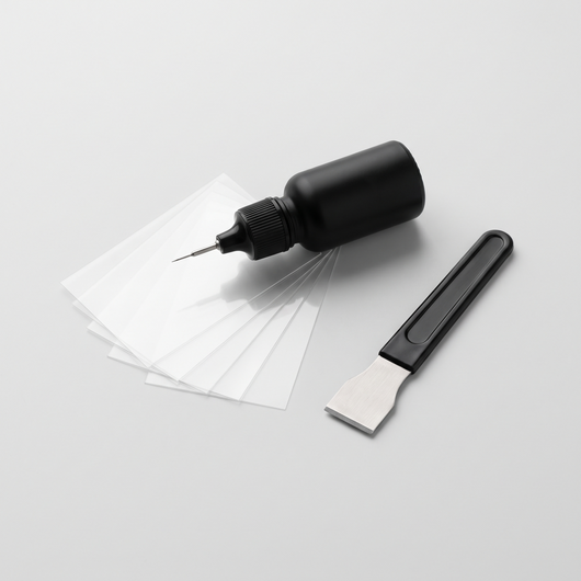 RIZZO GlassFix windshield repair kit: resin applicator, curing films and razor blade